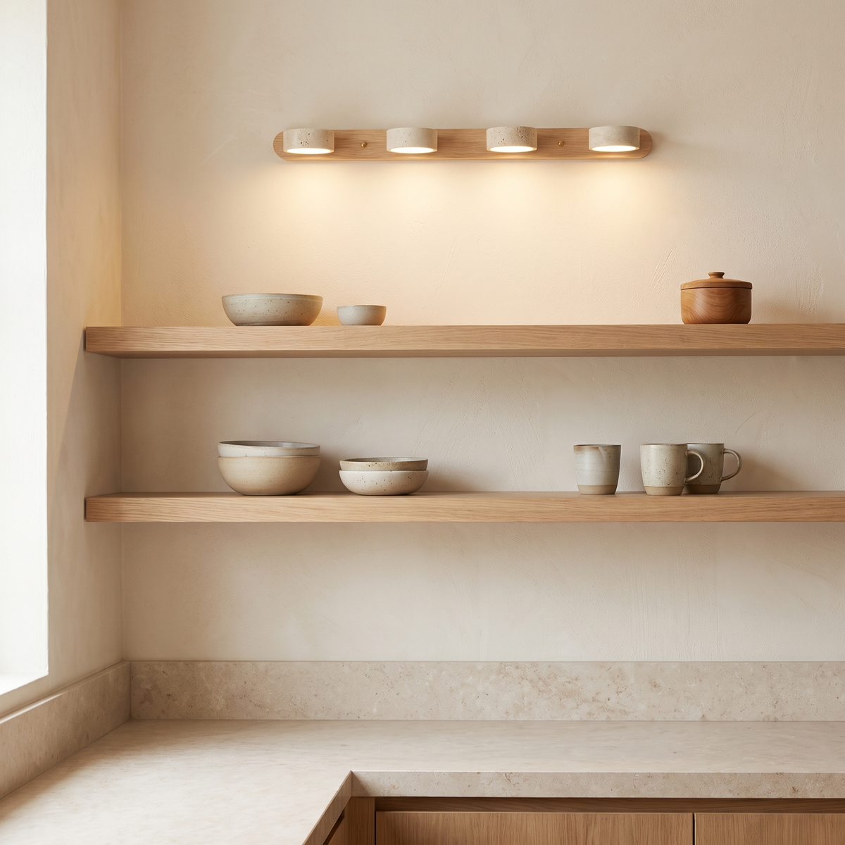 Notu travertine wall light in light wood with four pucks on the side of a kitchen