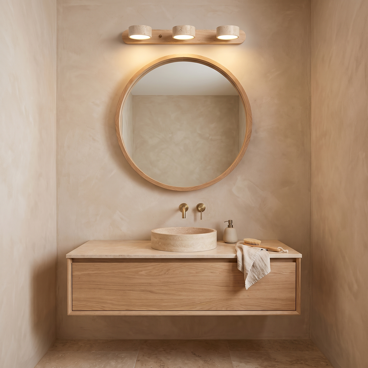 Notu travertine wall light in light wood with three pucks in a bathroom