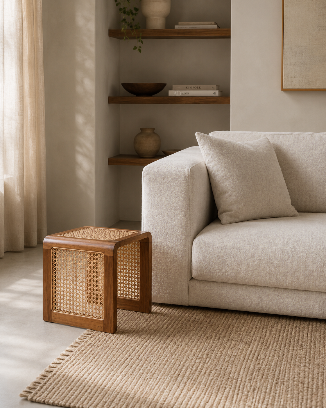 Close-up of the solid wood grain on the Nuggan Sculptural Solid Wood Side Table