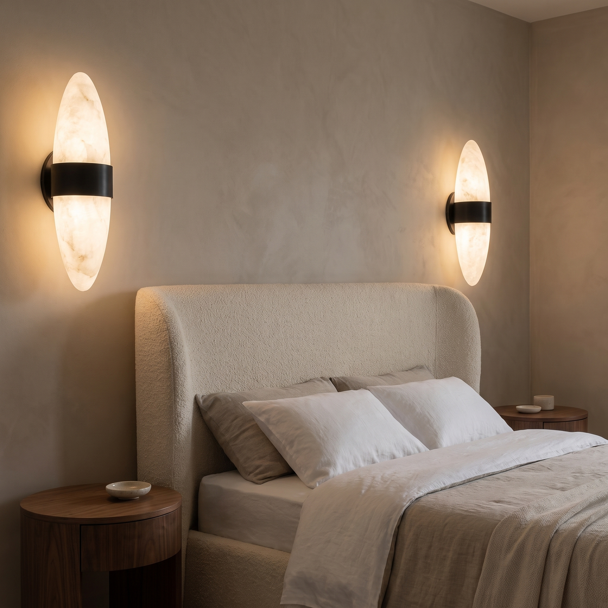 Pair of Nula alabaster wall sconces either side of a curved boucle bed