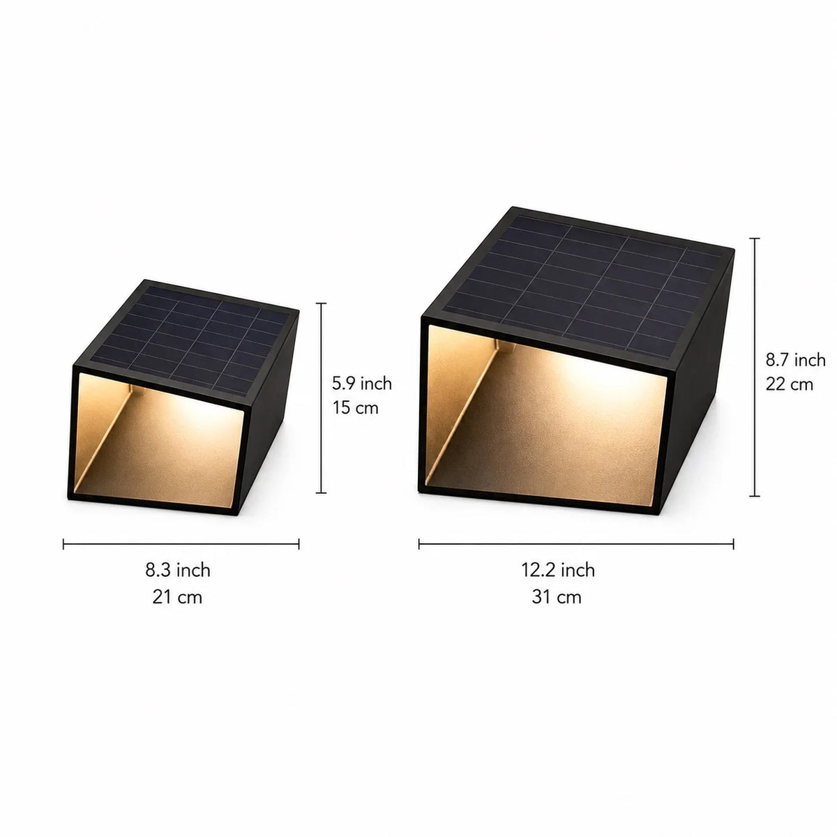 Omnia Cube Solar Garden Light sizes, 21 x 15cm (8.3 x 5.9in) and 31 x 22cm (12.2 x 8.7in)
