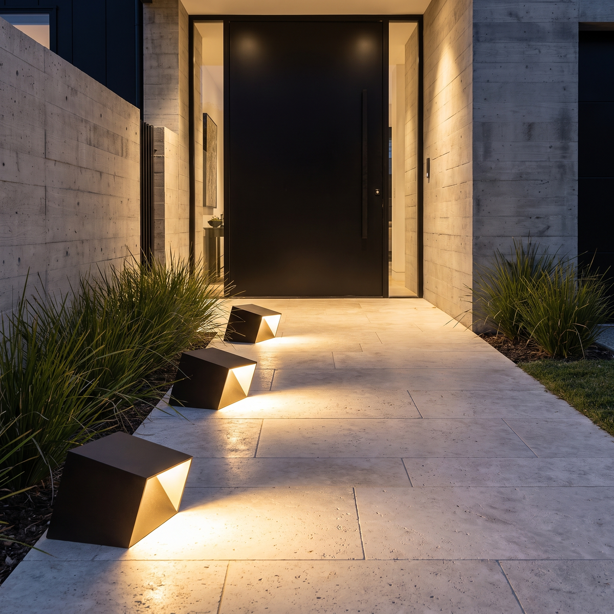 Three hardwired Omnia Cube Garden Lights glowing along a stone path to a black pivot door at night