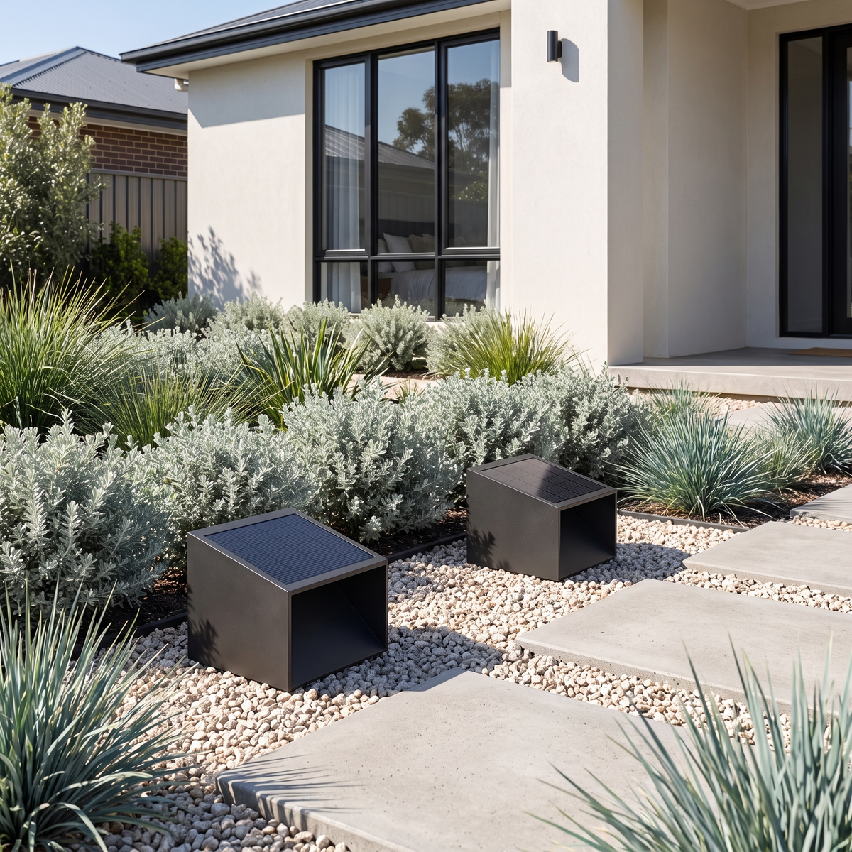 Two Omnia Cube Solar Garden Lights on granite gravel by concrete stepping stones and a rendered home on a bright day