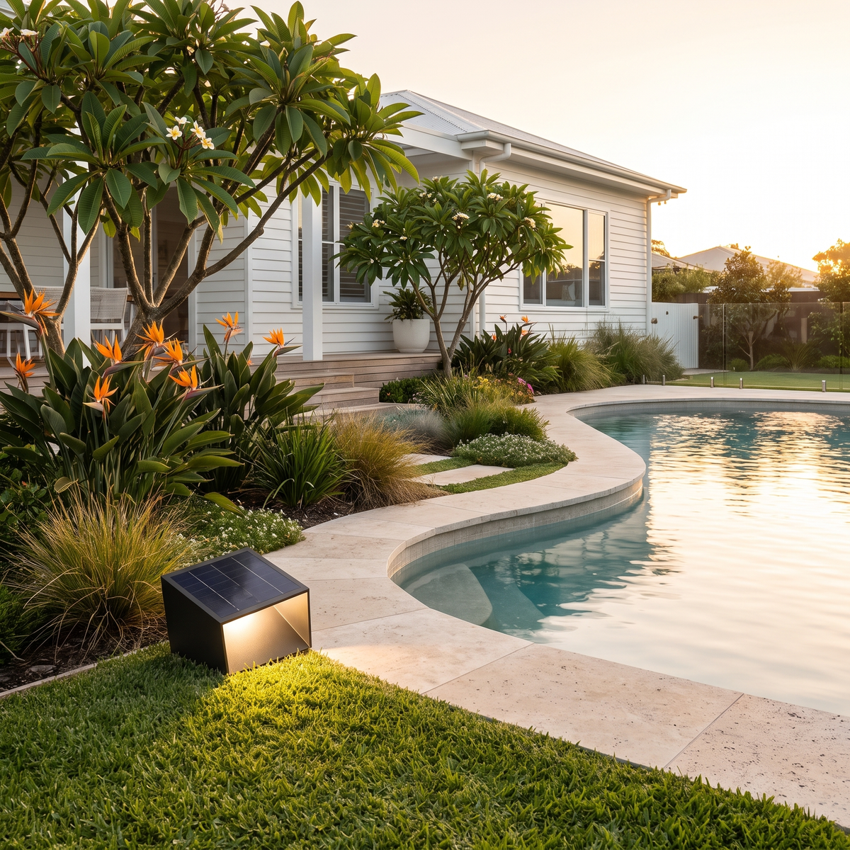 Omnia Cube Solar Garden Light on the lawn by a travertine pool and weatherboard beach house at golden hour