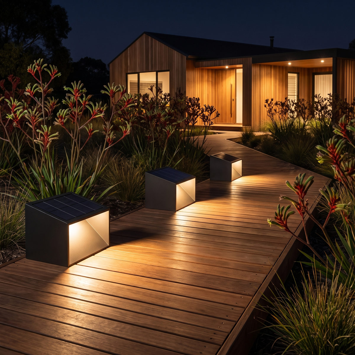 Three Omnia Cube Solar Garden Lights glowing along a spotted gum boardwalk through kangaroo paw at night