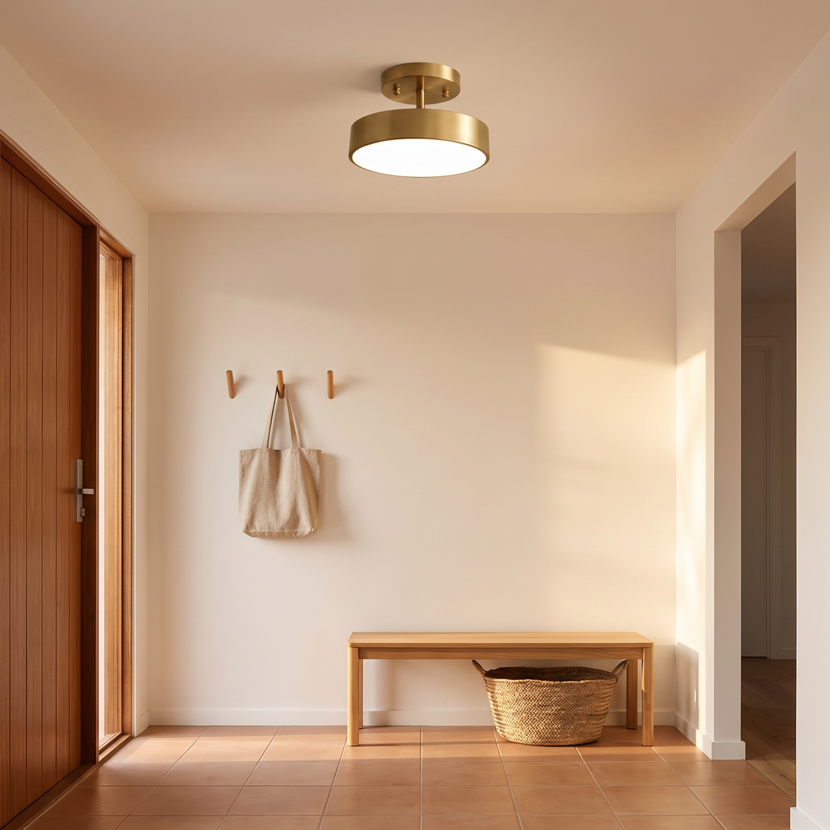 20cm Onslow gold LED ceiling light in a modern entry with an oak bench and wall pegs