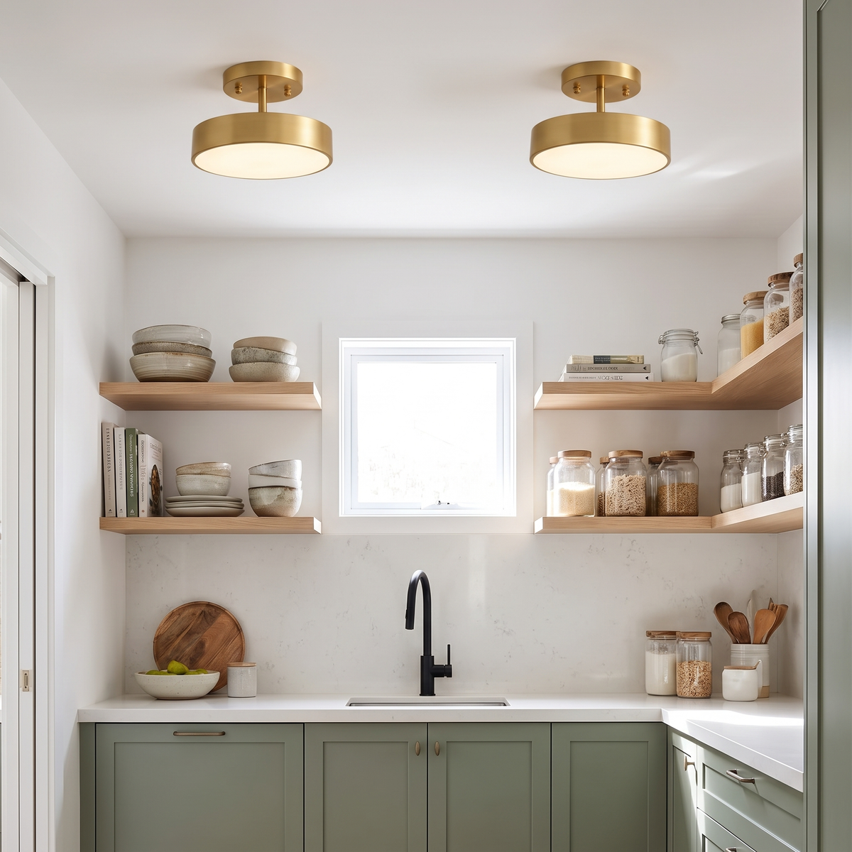 Two 20cm Onslow gold flush mount lights in a walk-in pantry with oak open shelving