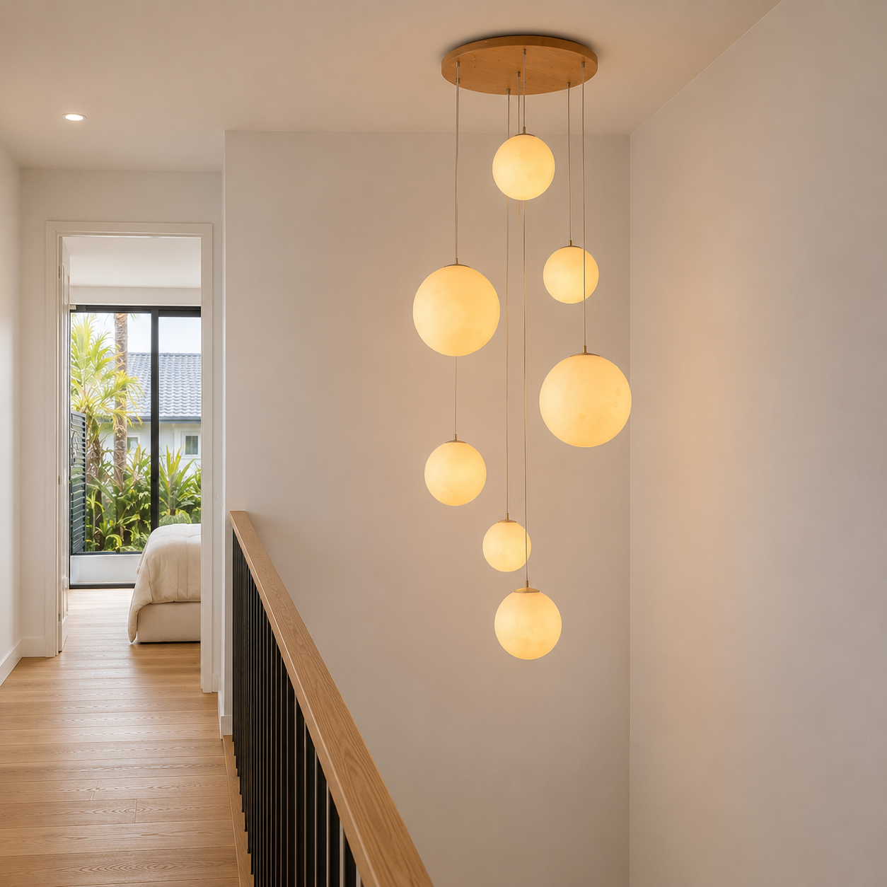 Opaline Spherical Chandelier illuminated in a stairwell