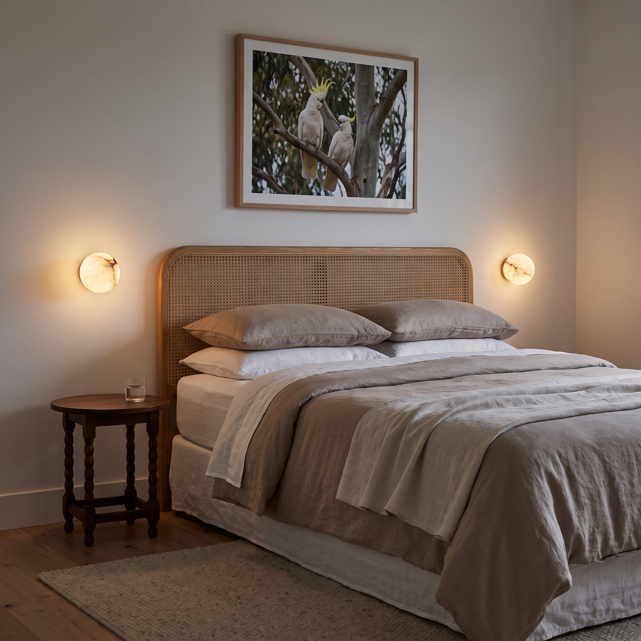 Pair of Orby natural alabaster wall lamps either side of a cane bedhead in an evening bedroom