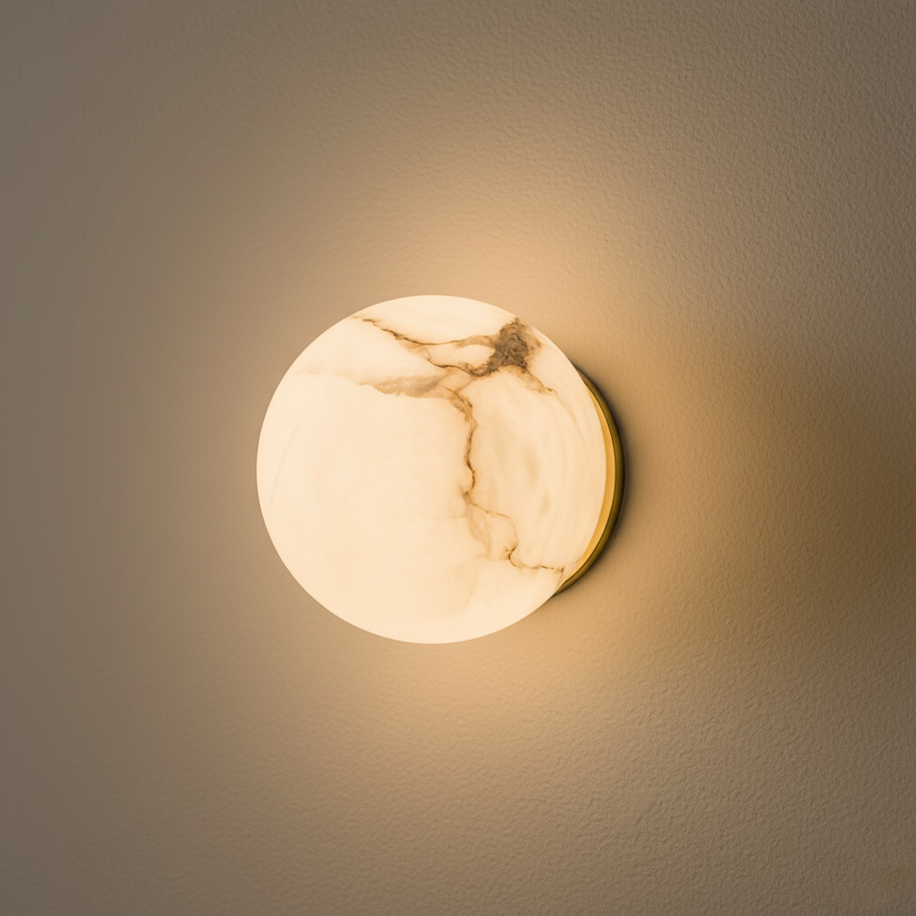 Orby alabaster wall lamp on its minimal mount, appearing to float clear of the wall