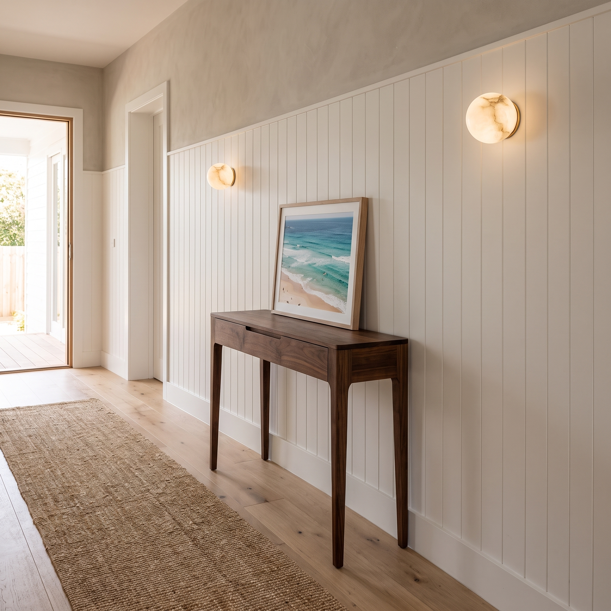 Orby natural alabaster wall lamps along a shiplap hallway above a dark walnut console
