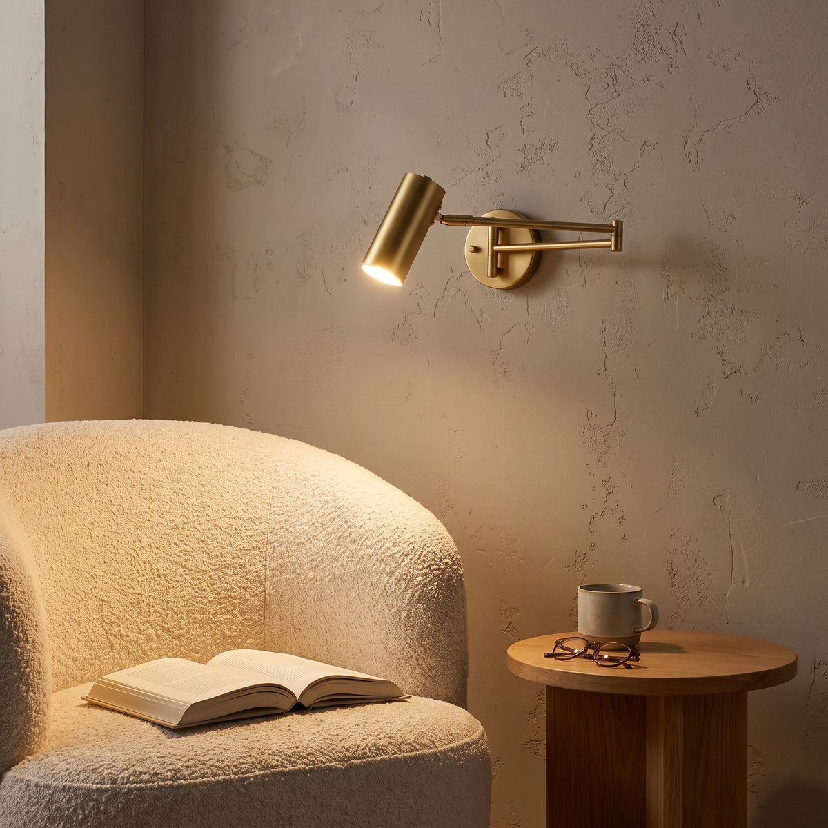 Oren swing arm wall spotlight in brass in a reading nook