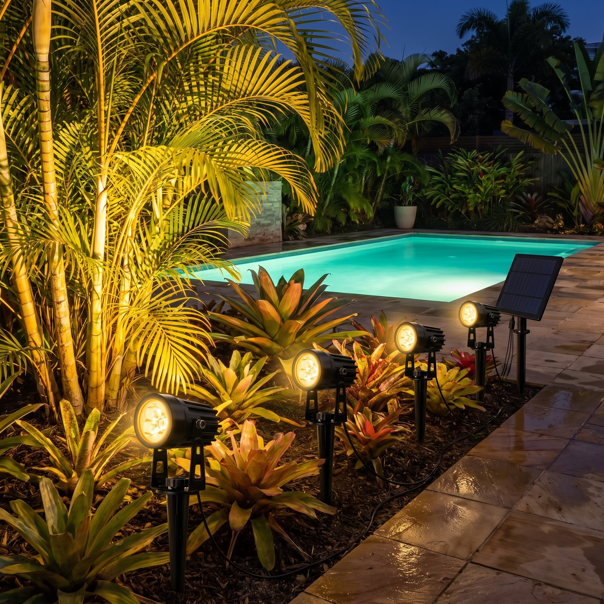 Oria 4 pack warm white solar garden spotlights lighting palms beside a pool