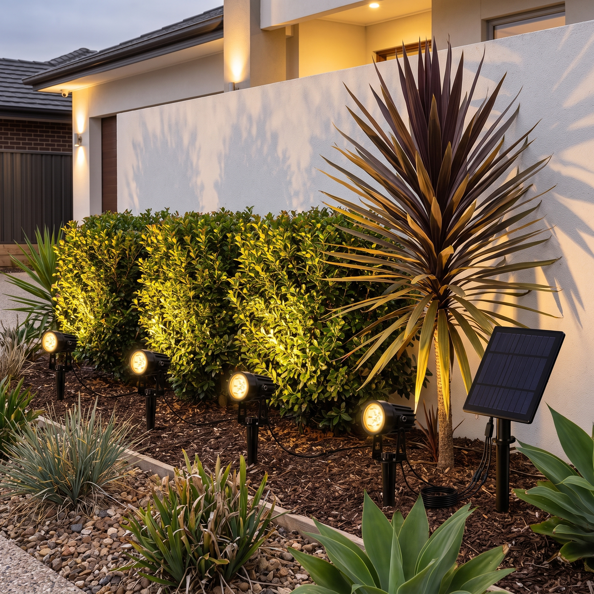 Oria set of 4 warm white solar spotlights uplighting a front garden hedge