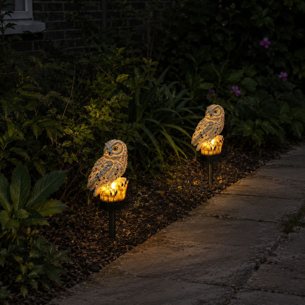 Close-up of the Owl Solar Garden Light's whimsical design