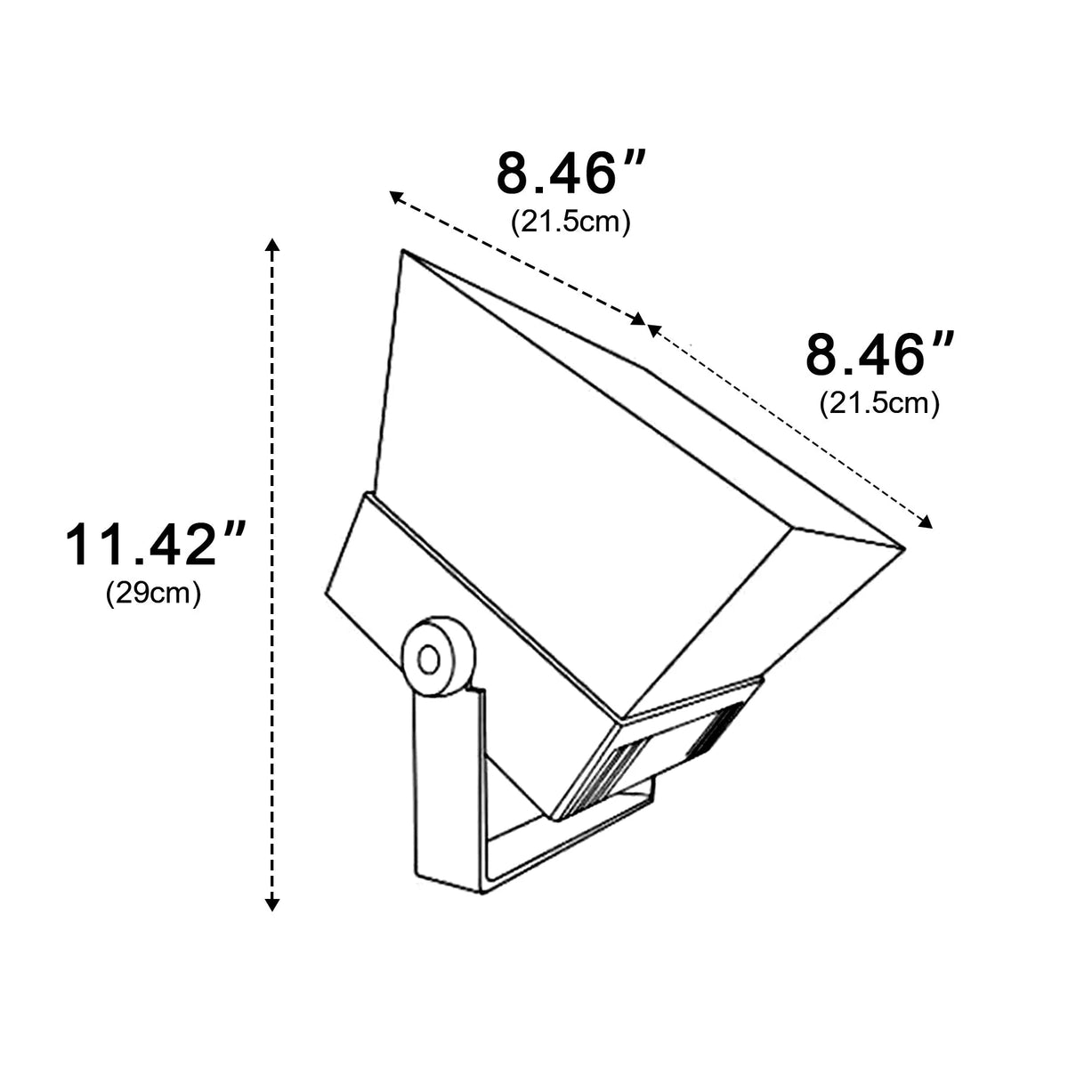 Oxford RGB outdoor spotlight dimensions, 21.5 x 21.5cm housing 29cm high on a yoke bracket