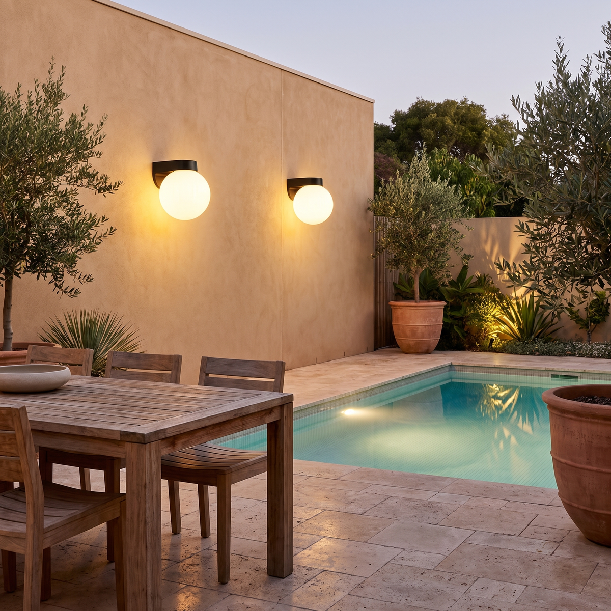 Pair of Brunswick design B globe wall lights on a courtyard wall by a plunge pool