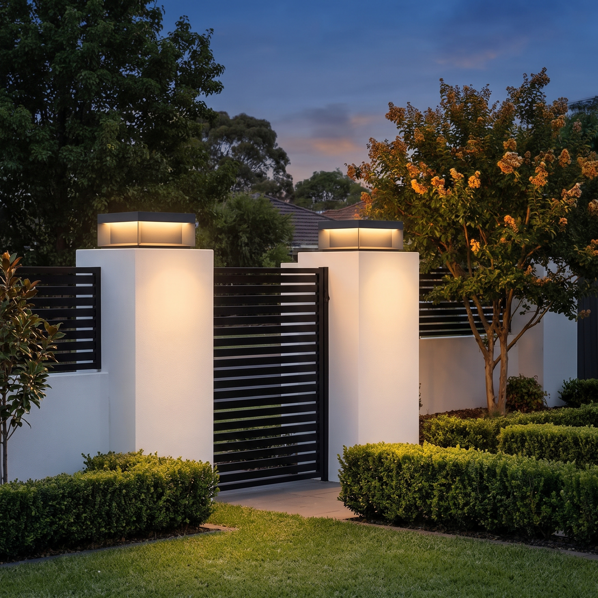 Pair of Summer 20cm solar pillar lights on rendered front gate pillars