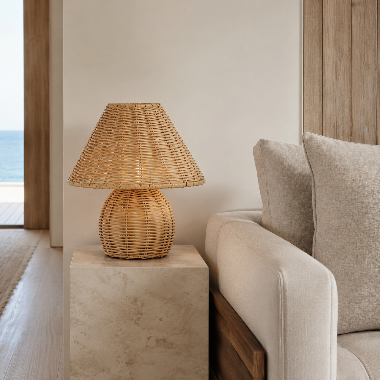 Palma woven rattan table lamp with its handwoven natural bamboo shade