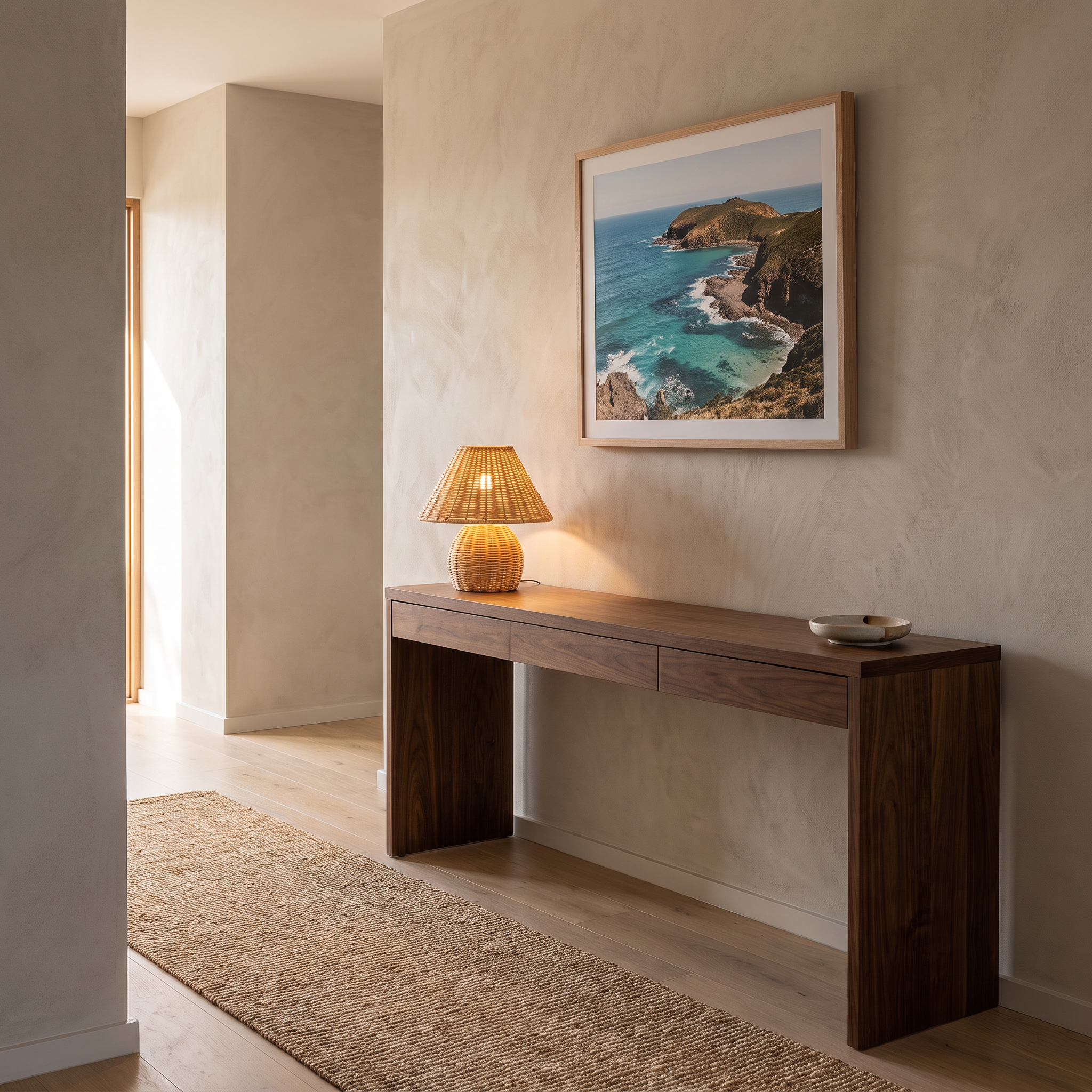Palma woven rattan table lamp on a dark walnut console in a coastal entry hallway