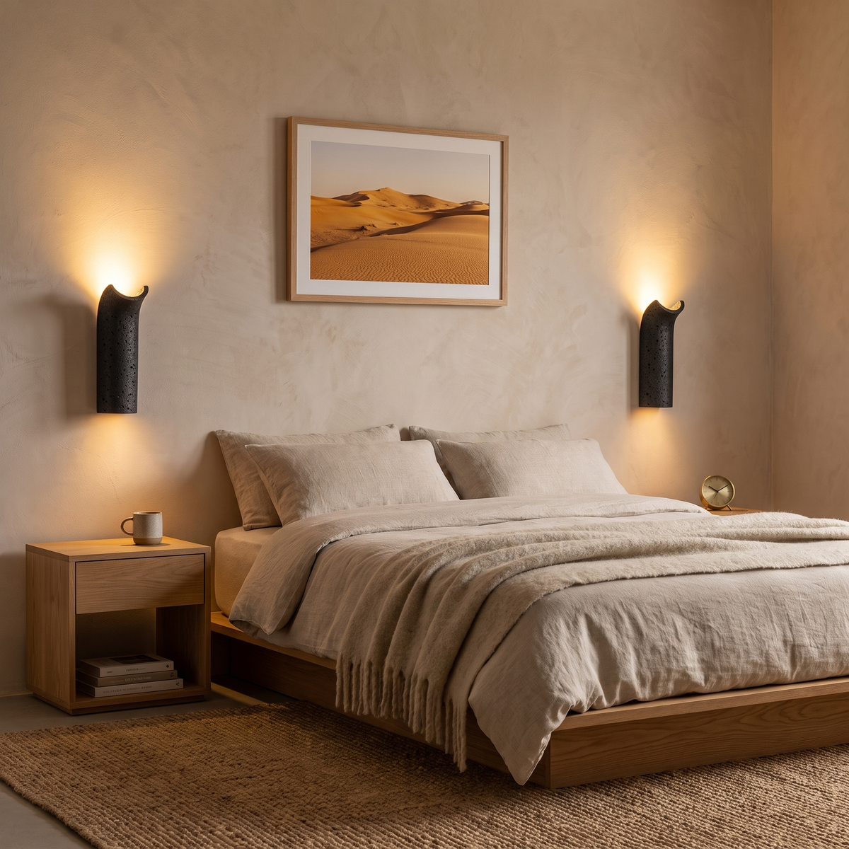 Pasa travertine wall lamp either side of a low oak bed in a Japandi bedroom