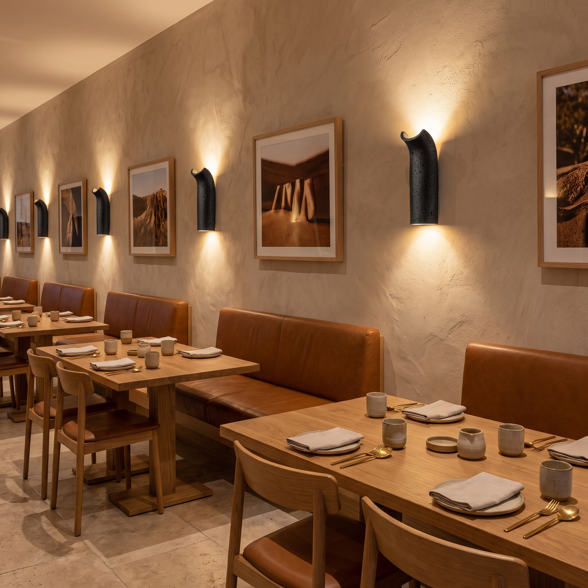Pasa travertine wall lamp above leather banquettes in a textured plaster restaurant