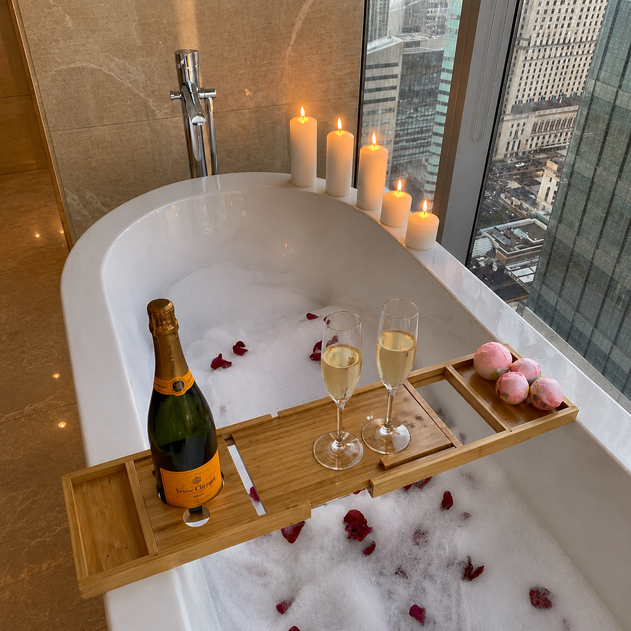 Paxon Bamboo Bathtub Tray extended across a bathtub