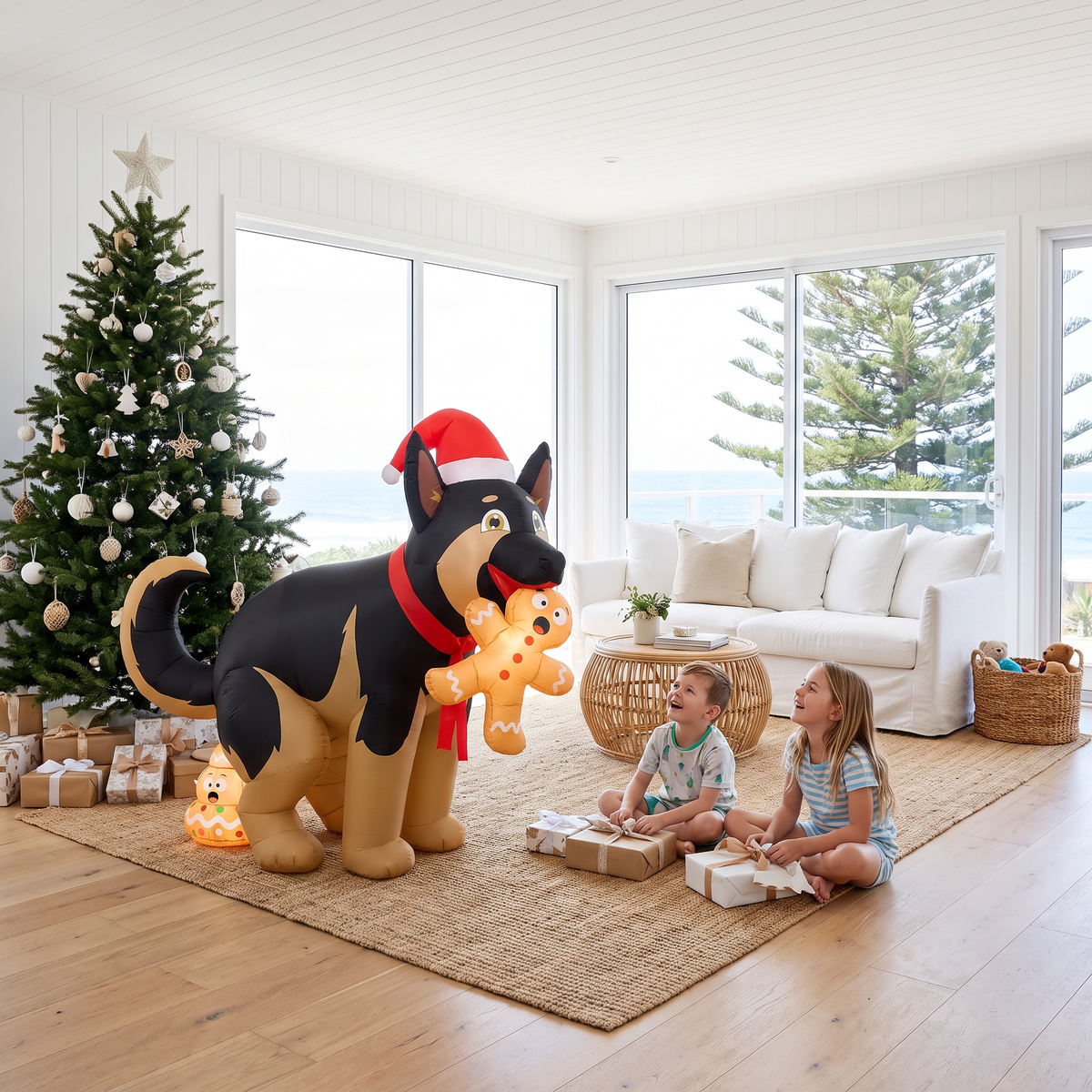 Perro inflatable Christmas dog beside a Christmas tree in a beach house living room