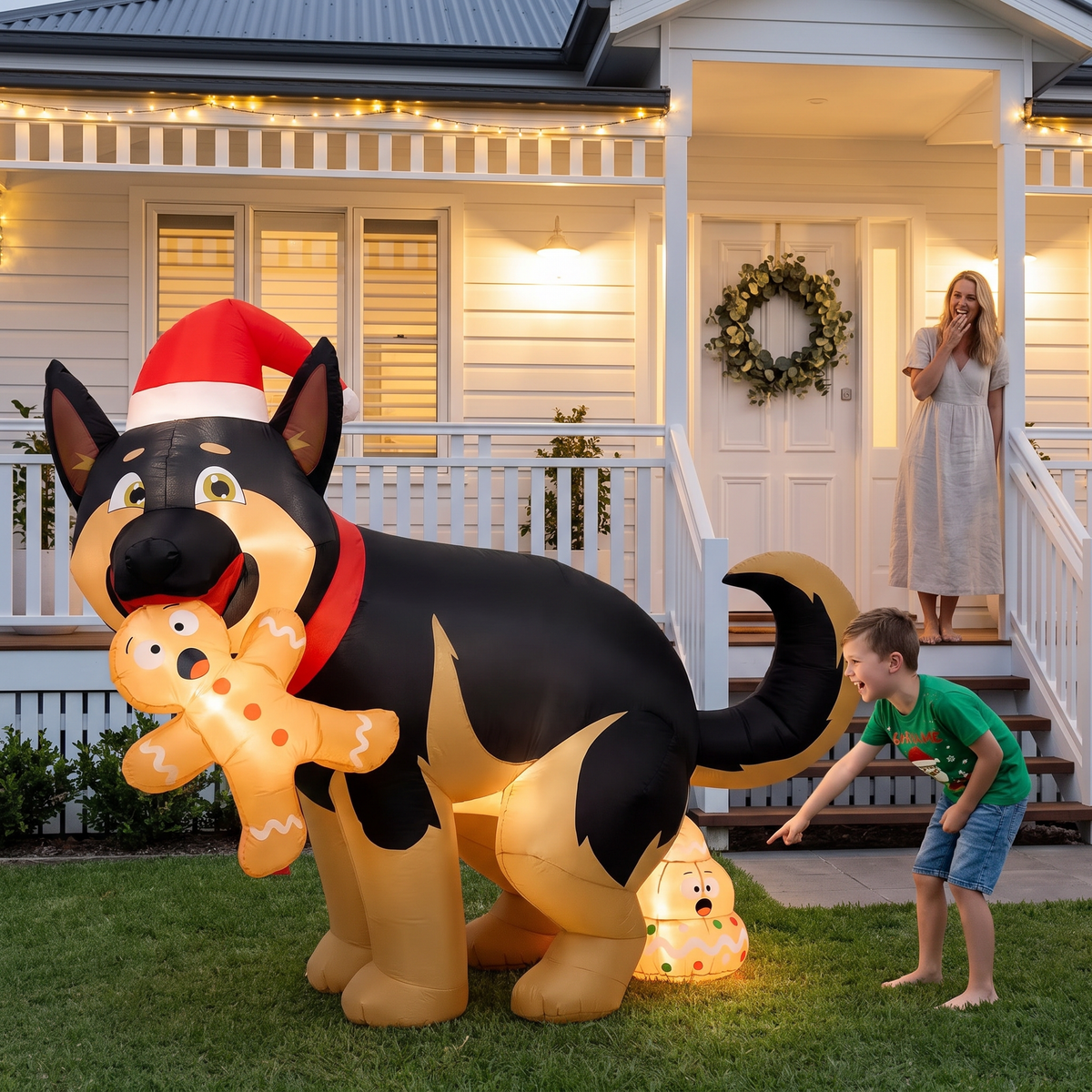 Perro 150cm inflatable Christmas dog on a coastal home front lawn at night