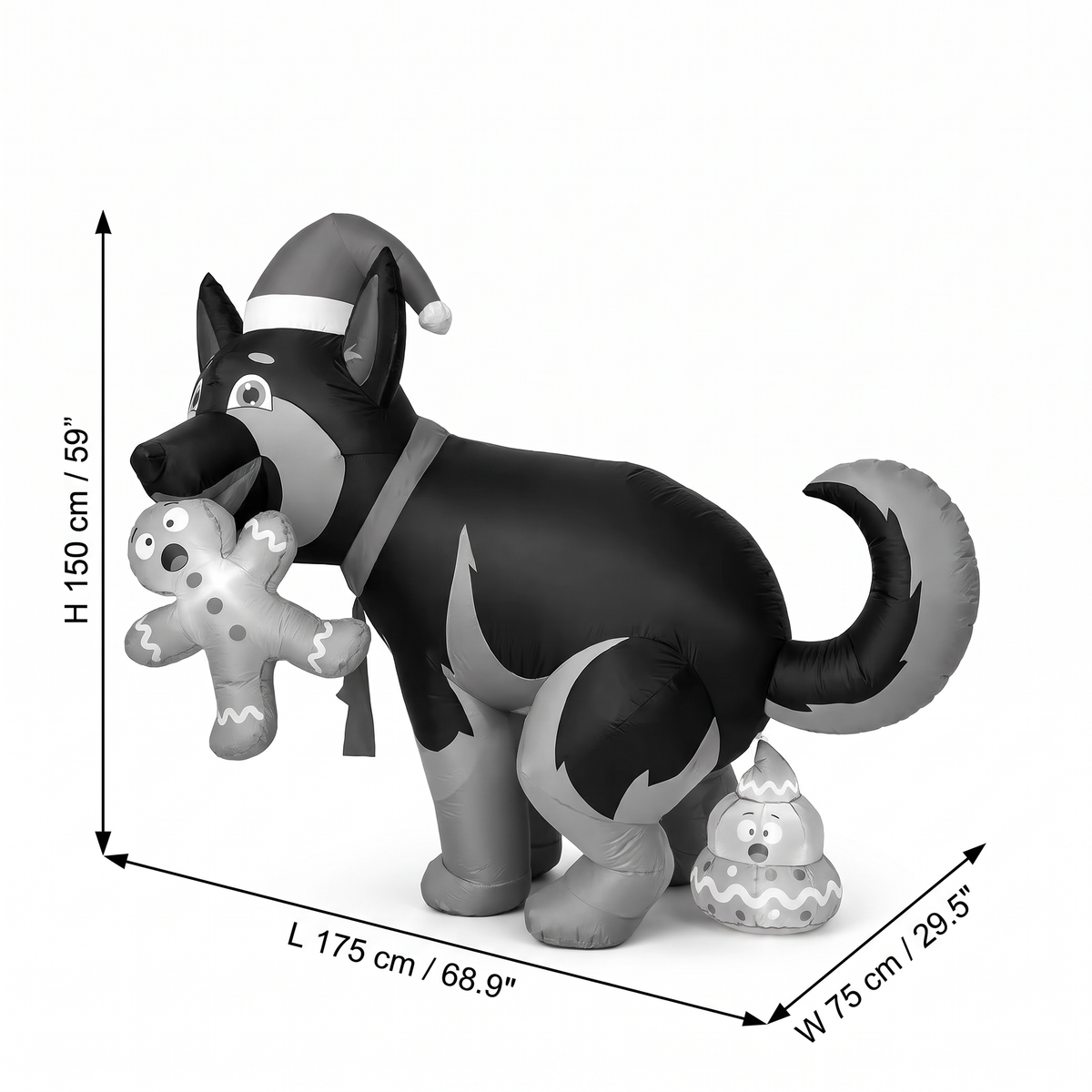Perro inflatable Christmas dog size guide, 150cm tall, 175cm long and 75cm wide