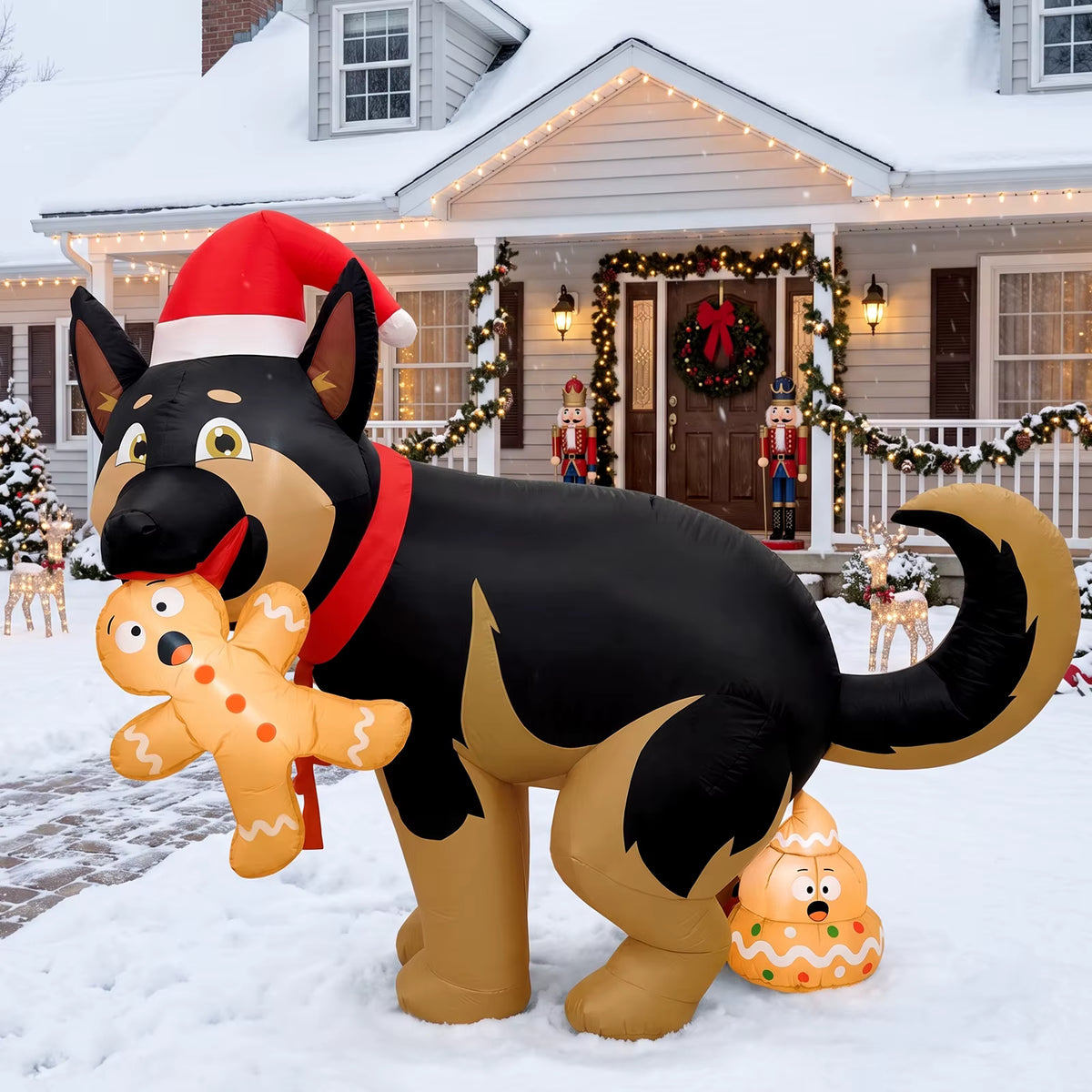 Perro inflatable Christmas dog holding a gingerbread man in a snowy front yard