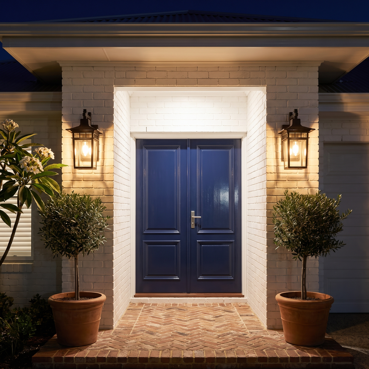 Two Pica Retro Outdoor Wall Lanterns in black beside navy double doors on white brick at night