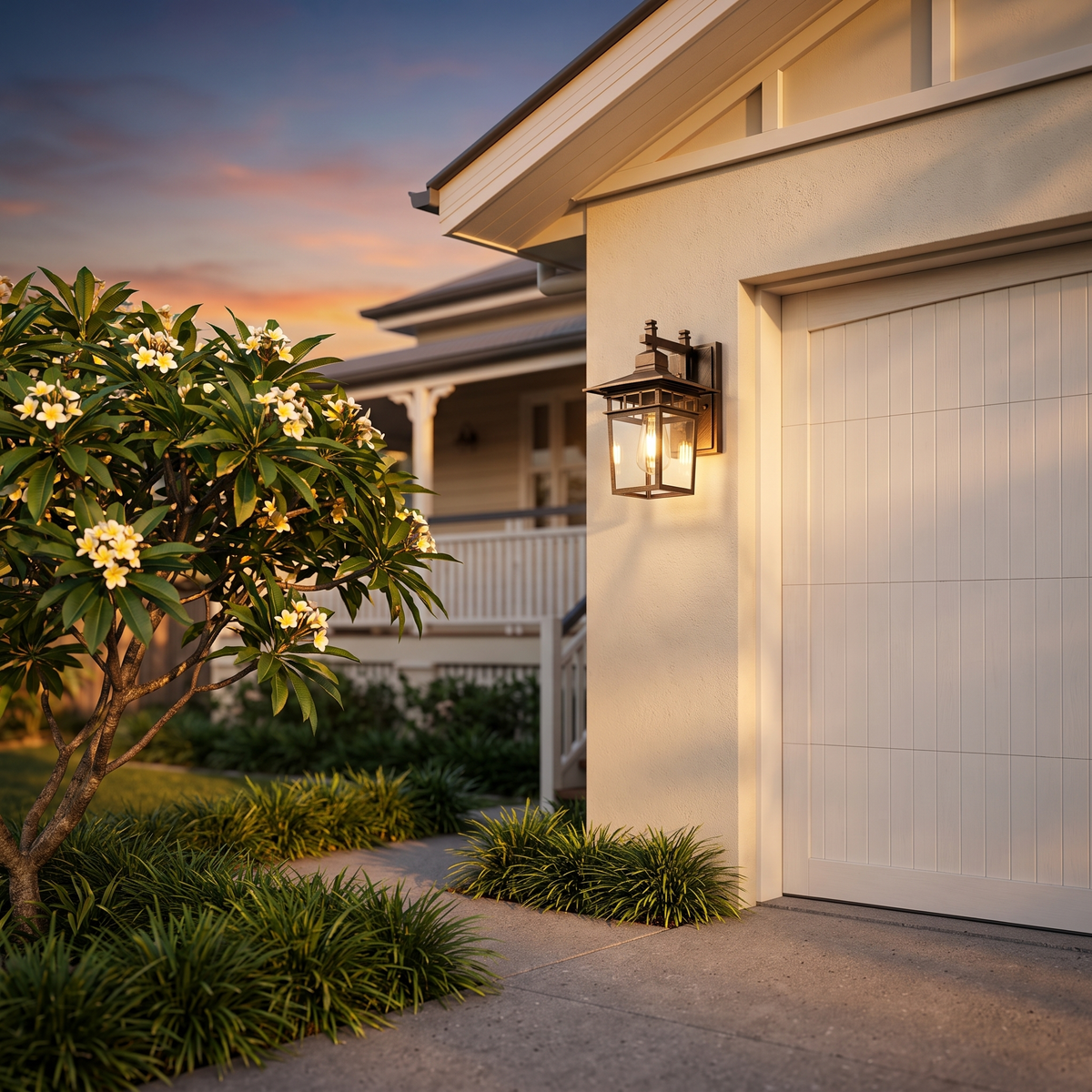 Pica Retro Outdoor Wall Lantern in bronze beside a white garage door with frangipani at golden hour