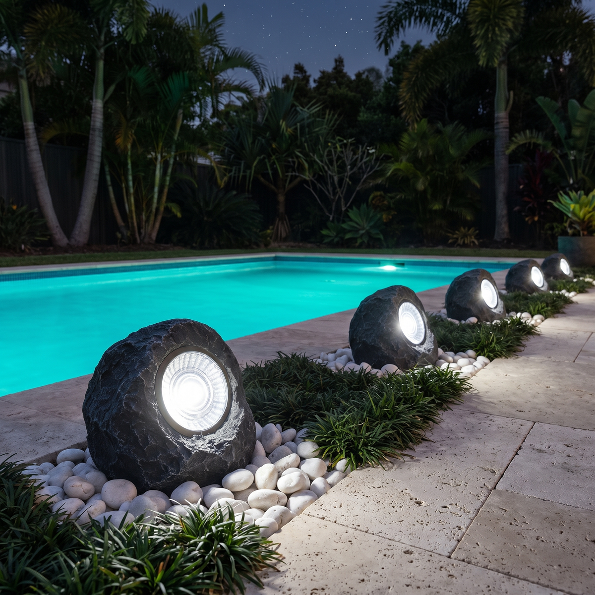 Pilbara natural white solar stone garden lights along a pool edge