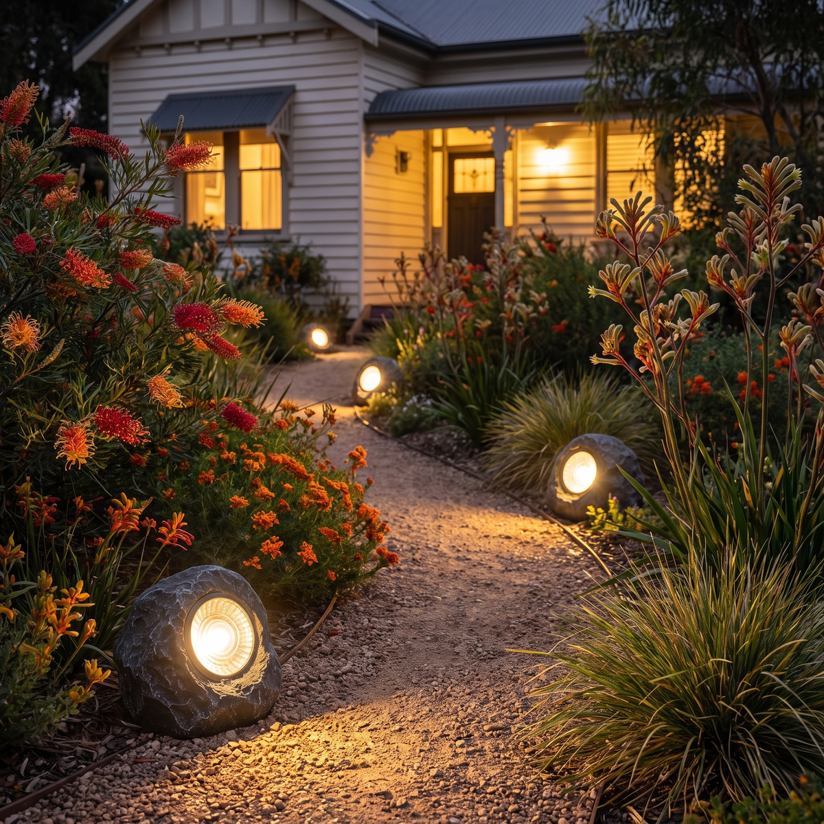 Pilbara warm white solar stone lights along a native garden path