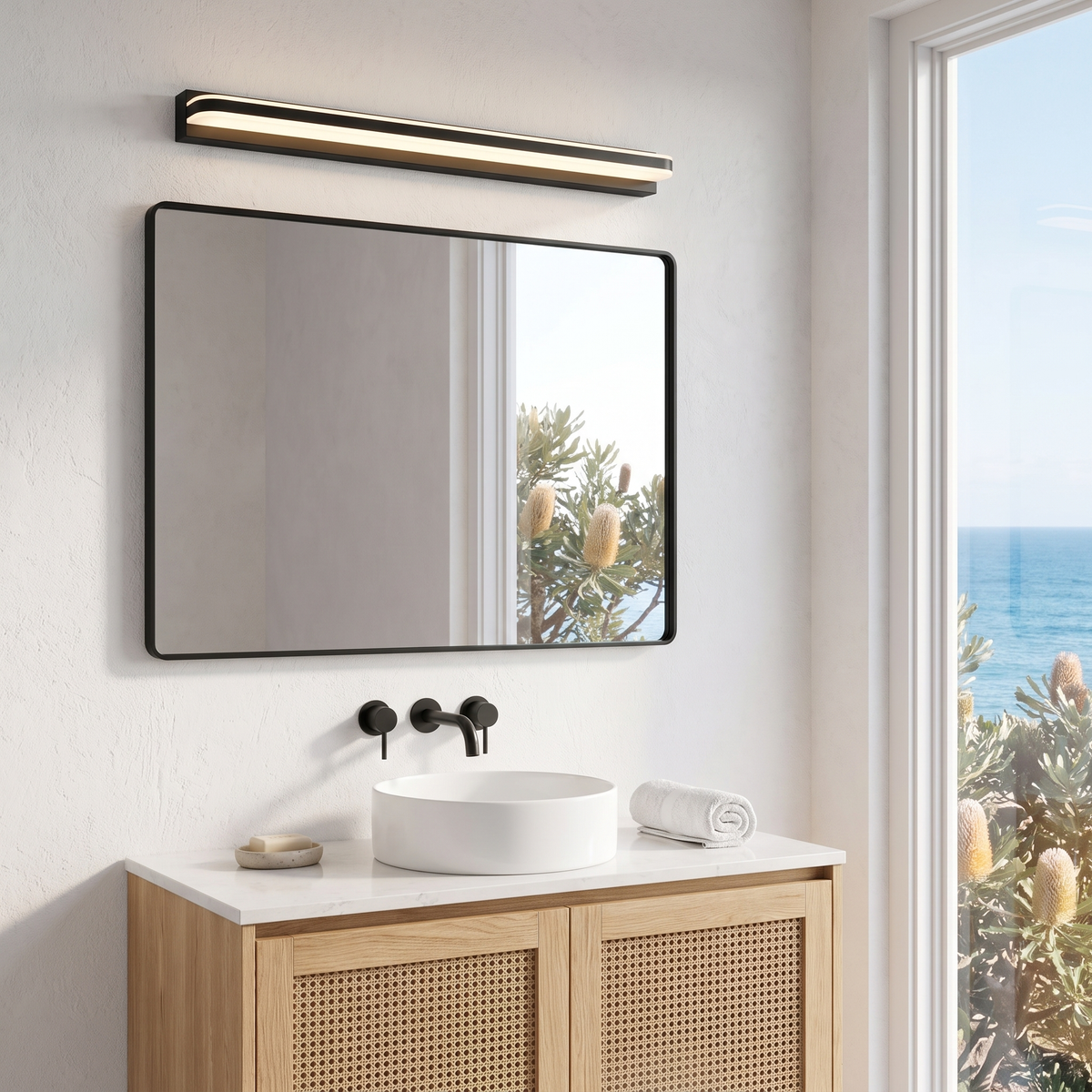 Plata black vanity light above a black-framed mirror in a coastal ensuite with ocean view
