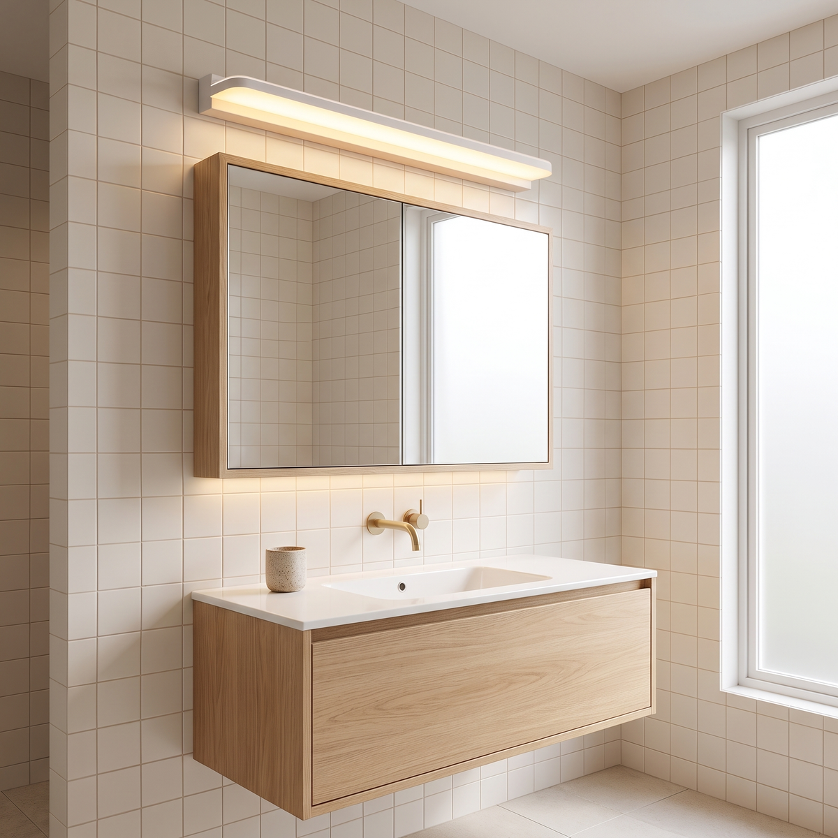 Plata white LED vanity light above an oak mirror cabinet in a Scandinavian bathroom