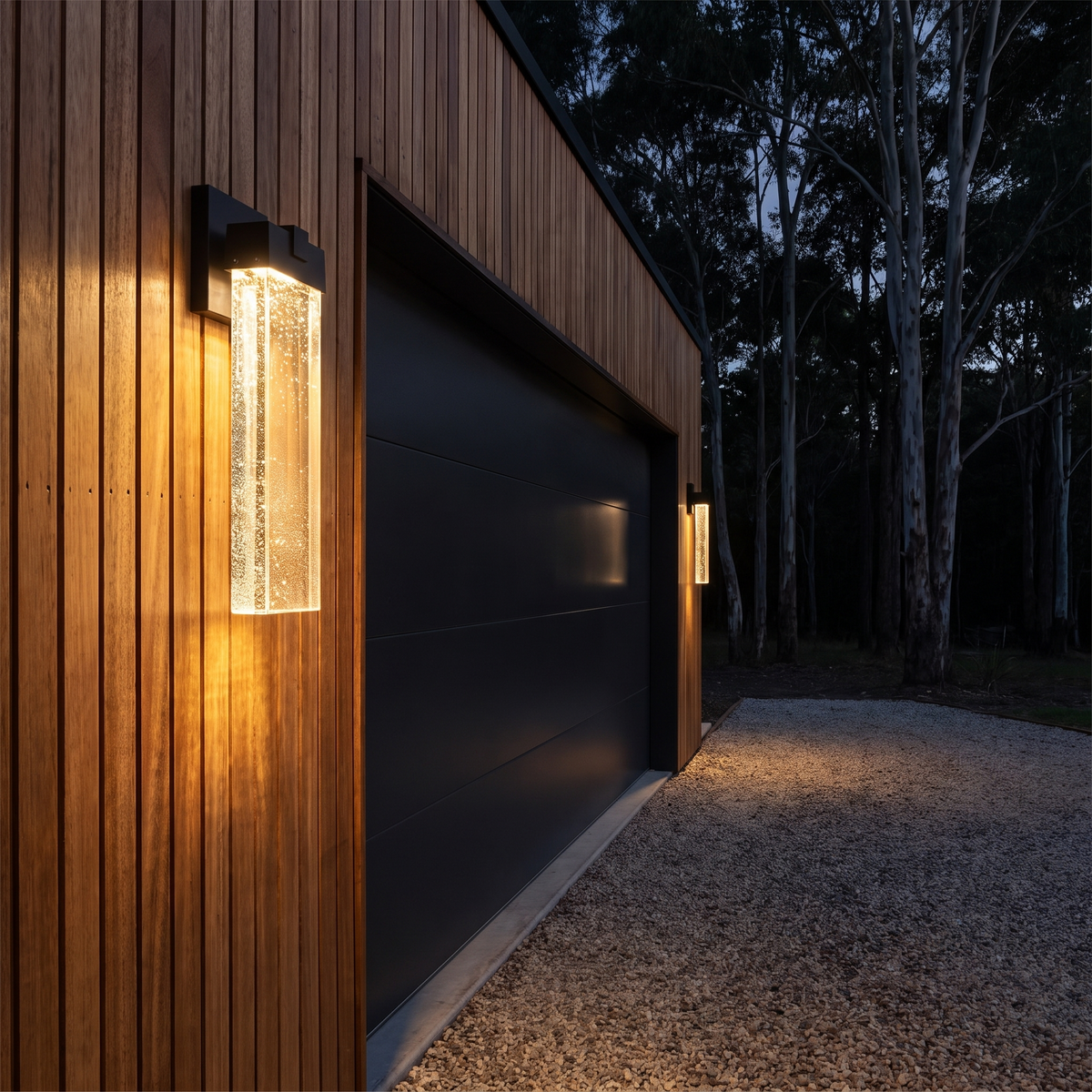 Poirier Outdoor Wall Light in black glowing on a blackbutt-clad hinterland garage at night