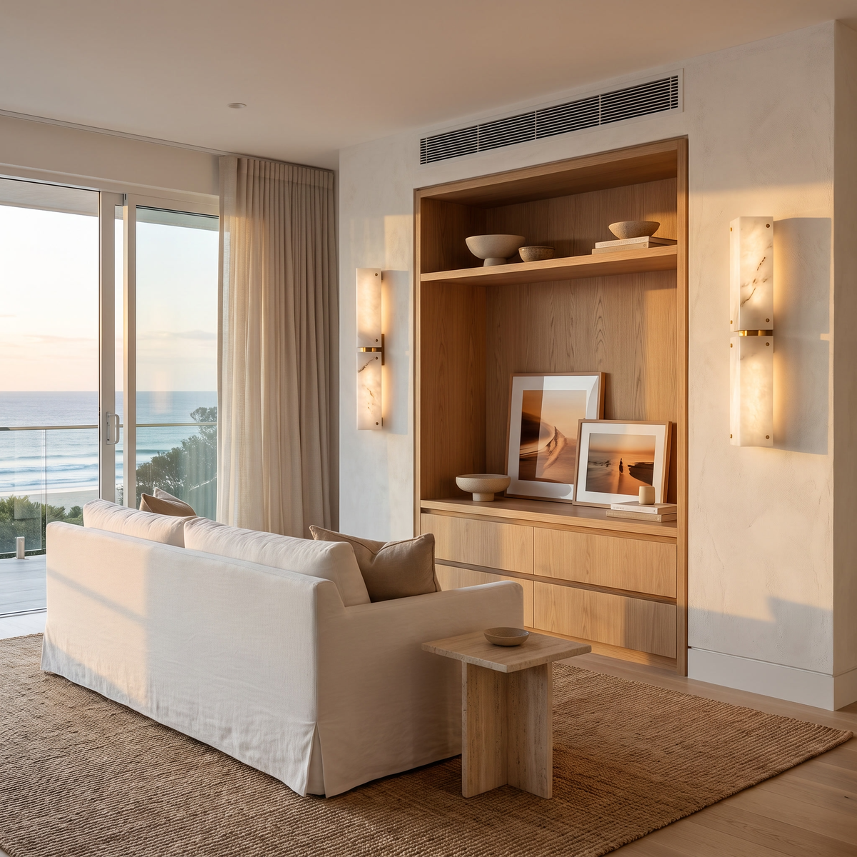 Popi marble wall light Double either side of an oak media unit in a Noosa beach house