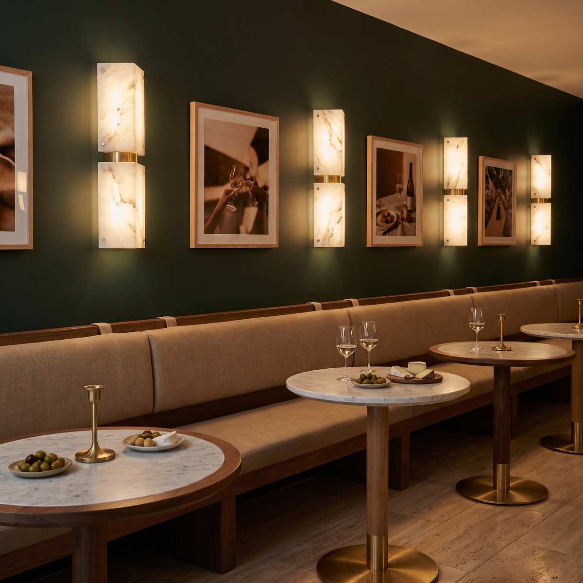 Popi marble wall light Double along a dark green wall in a Sydney wine bar