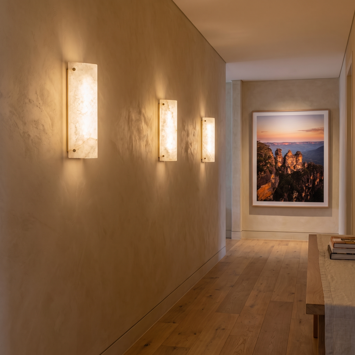 Popi marble wall light Single in a row along a gallery hallway in a Mosman home