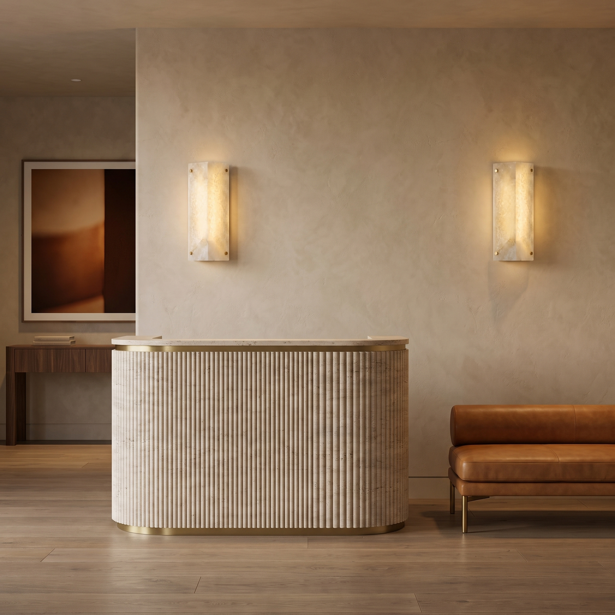 Popi marble wall light Single flanking a travertine desk in a boutique hotel reception