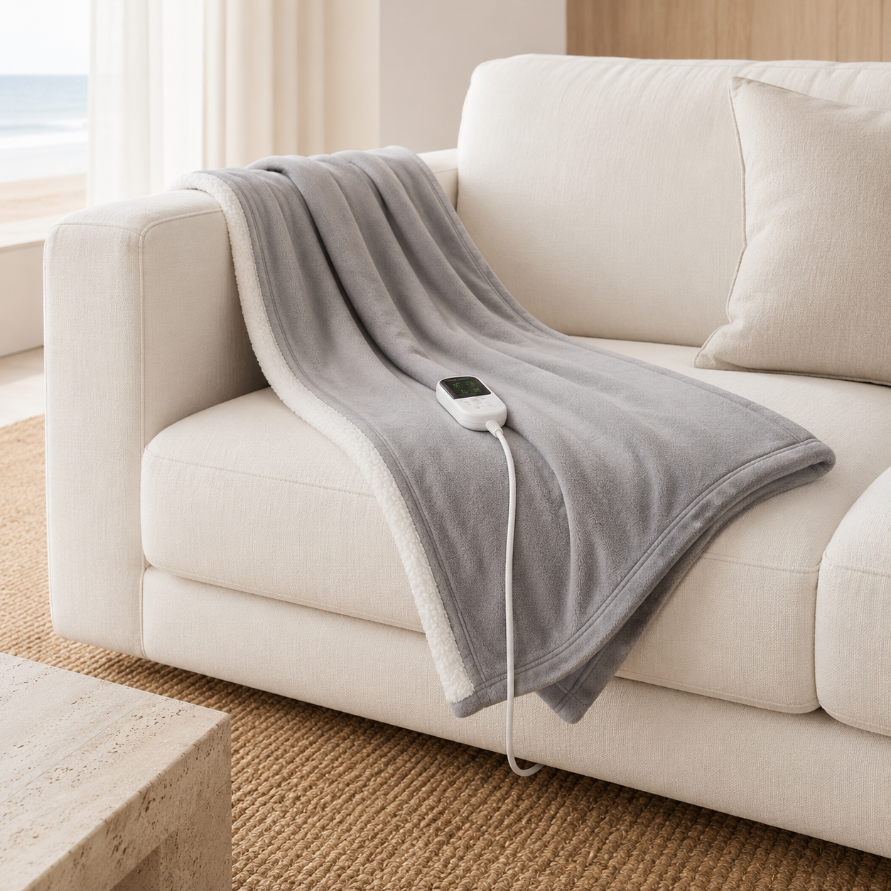 Poppy Electric Heated Blanket showing the detachable controller with 6 heat settings