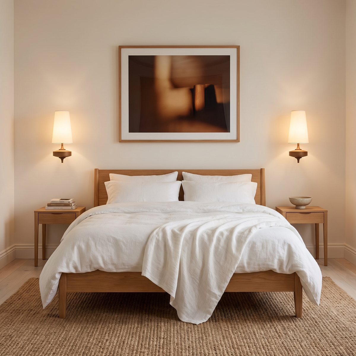 Portia fabric wall light either side of an oak bed in a Scandinavian bedroom