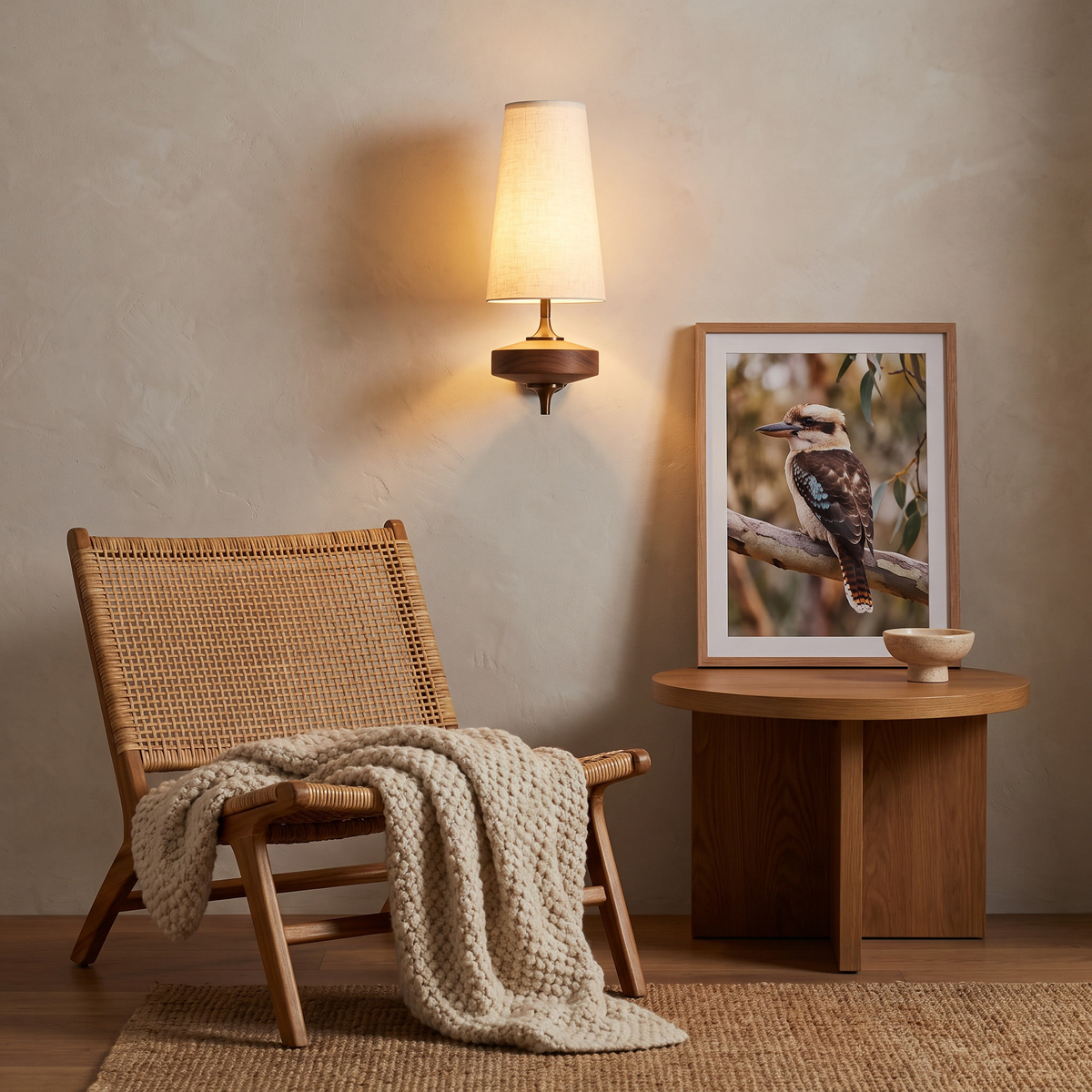 Portia fabric wall light above a rattan chair in a reading corner with a kookaburra print