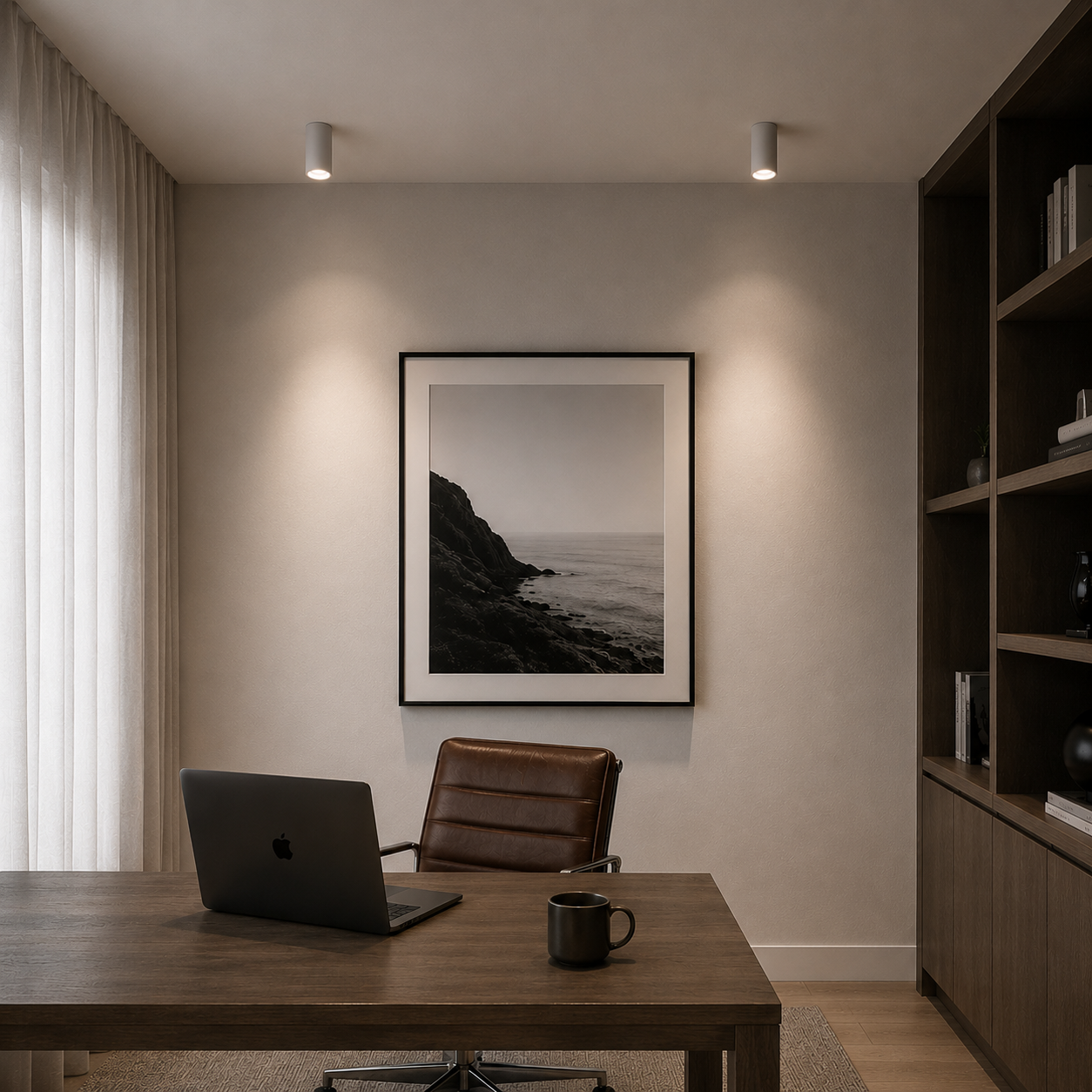 Porto surface mounted LED downlight in black long barrel design mounted on ceiling