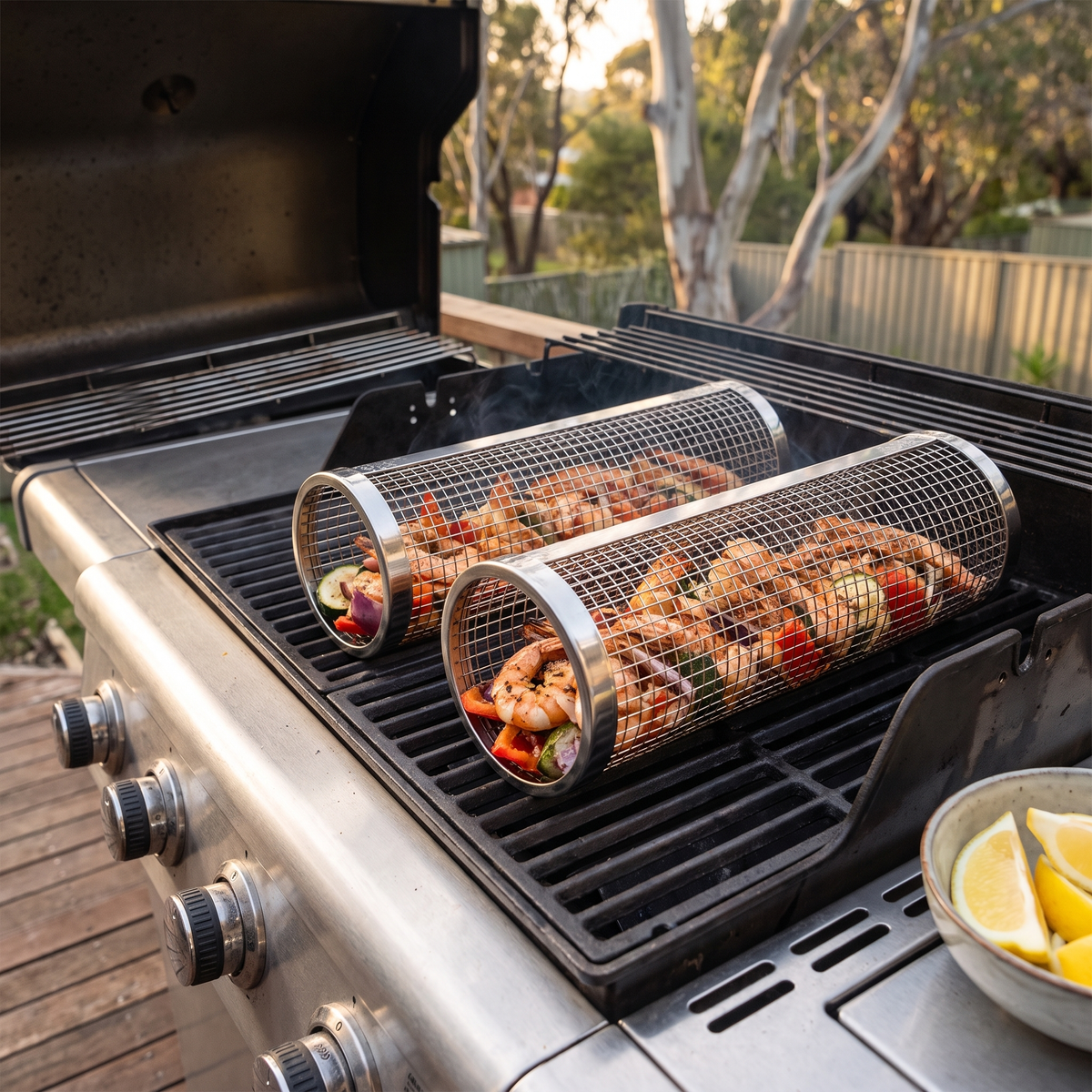 Prenta large rolling grilling baskets filled with king prawns and vegetables on a gas BBQ in an Australian backyard