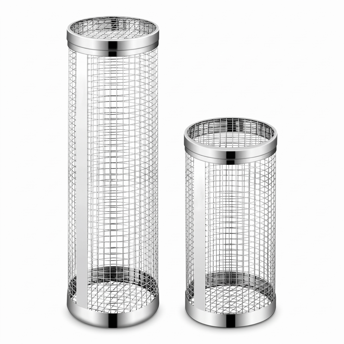 Prenta stainless steel rolling grilling baskets in large and small sizes on a white background