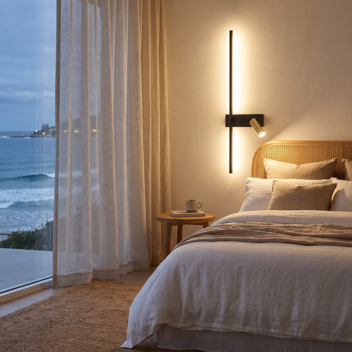 Preso LED wall reading light in a beach house bedroom