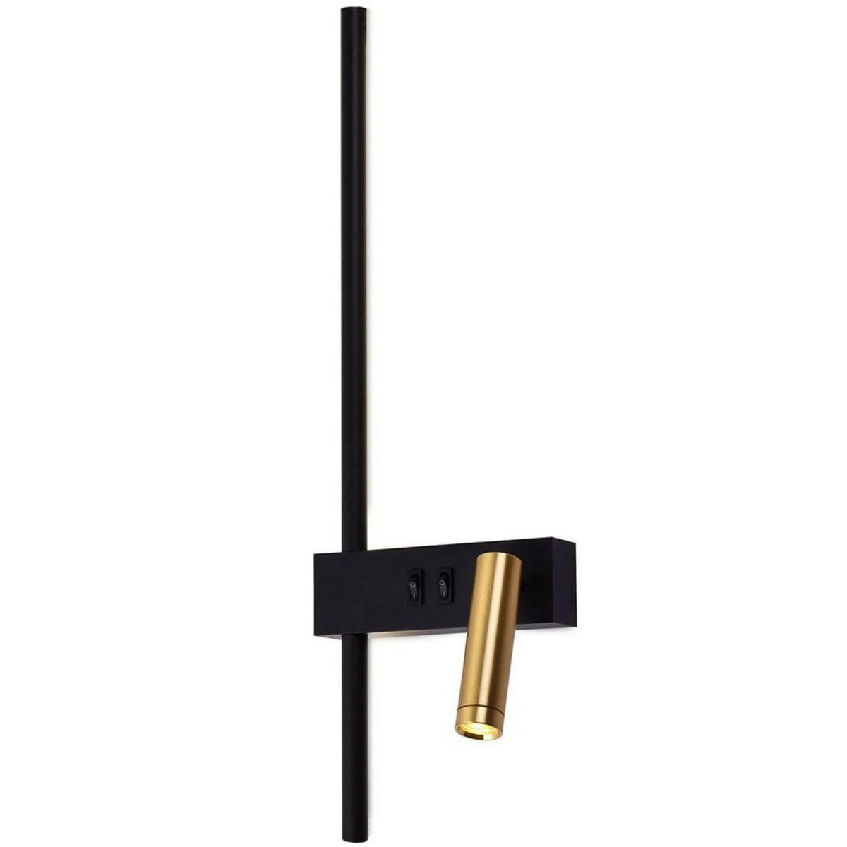Preso LED wall reading light in matte black with the brushed brass reading spotlight on a white background